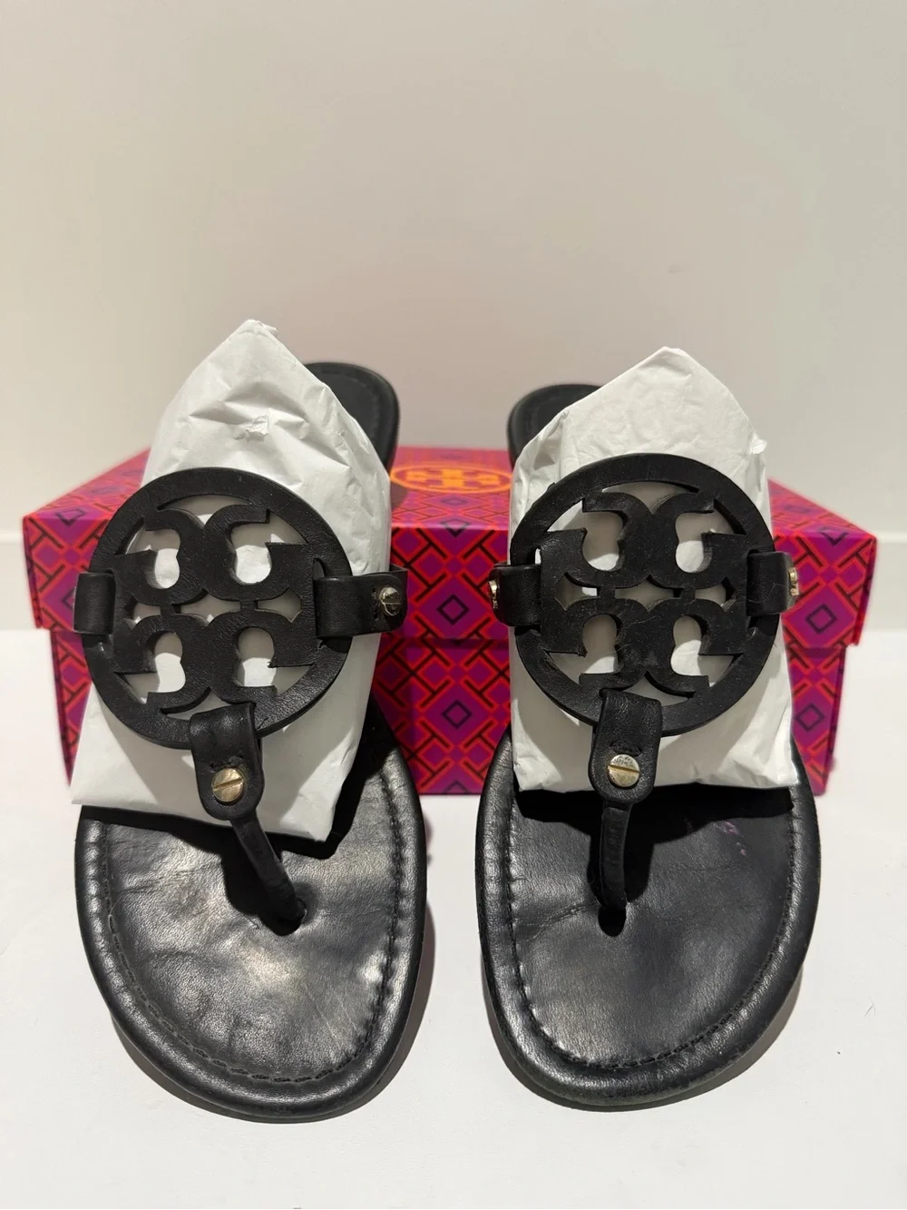 Tory Burch Black Leather Miller Logo Thong Sandals